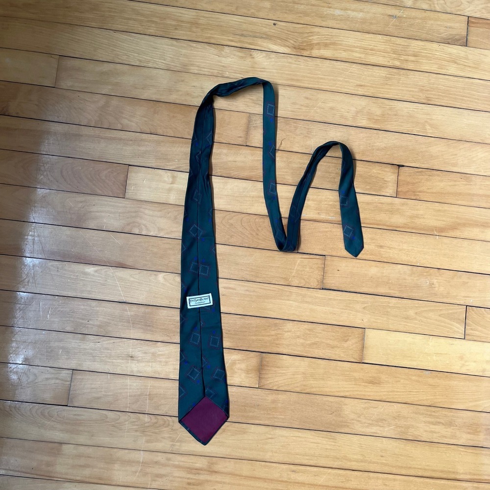 Yves Saint Laurent Vintage Silk Tie Dark Green Geometric Pattern Square Print